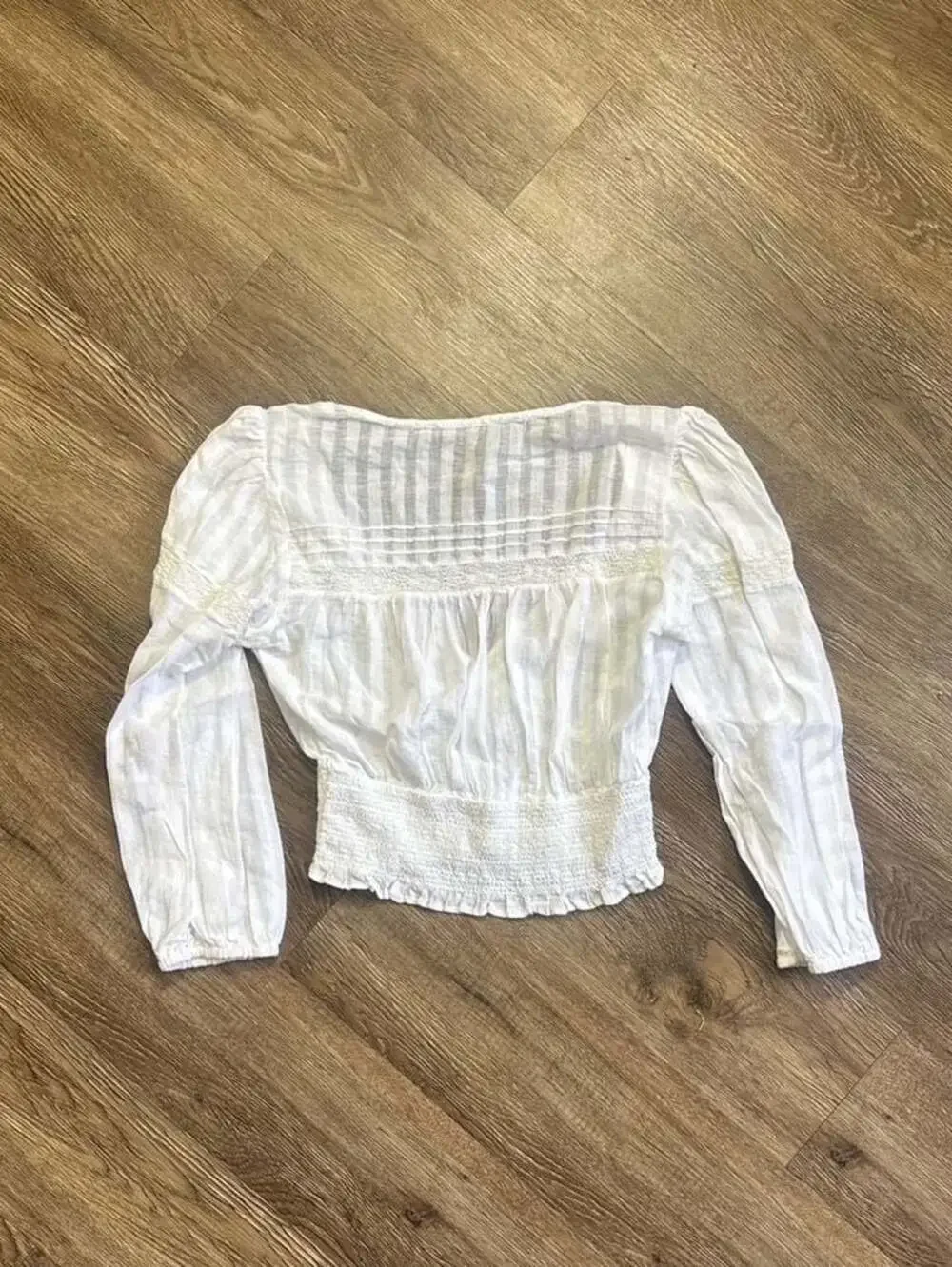 ZARA White Smocked Waist Crochet Trim V-Neck Puff Sleeve Blouse